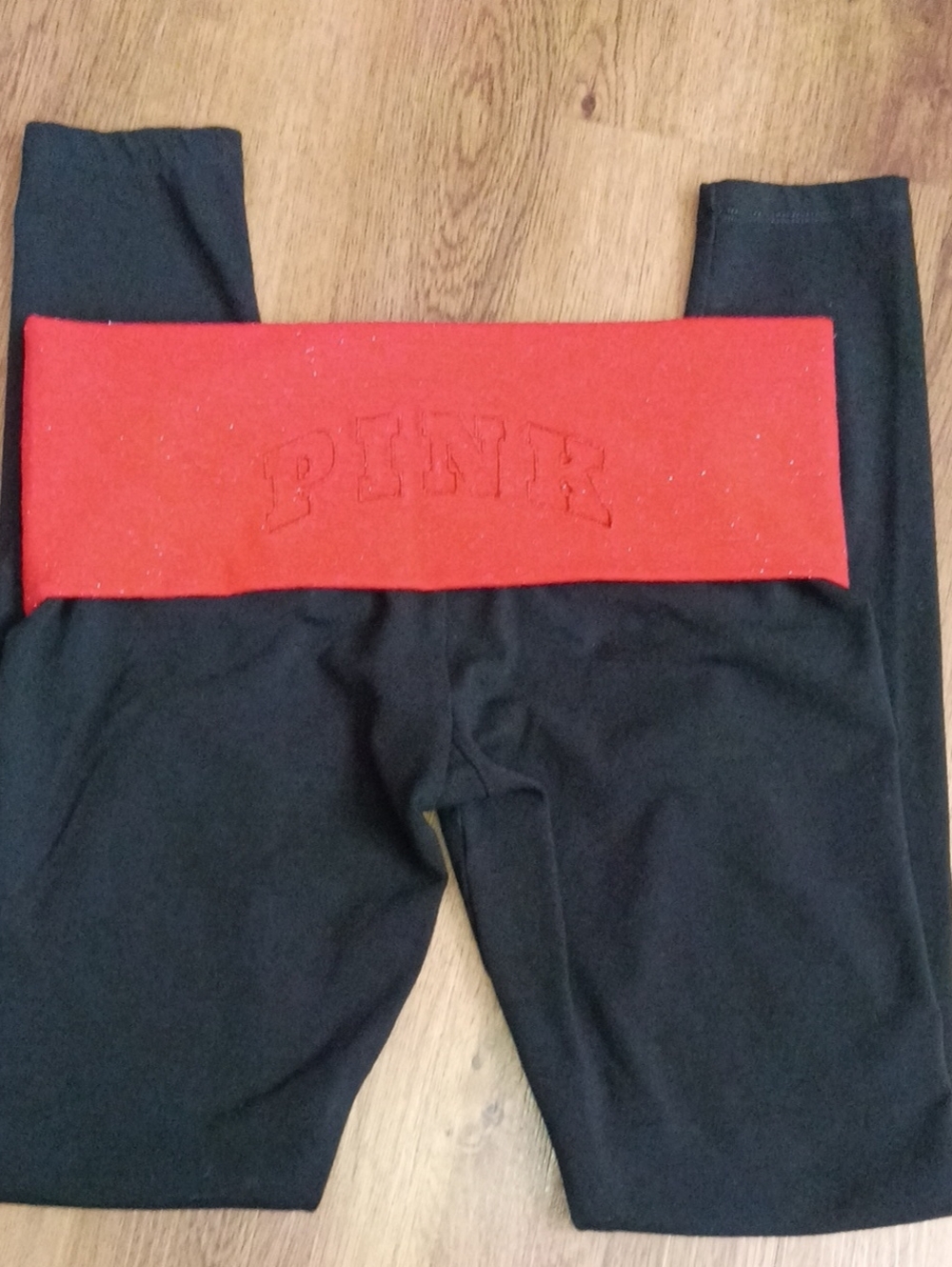 PINK Victoria's Secret Black Leggings with Red Foldover Waistband